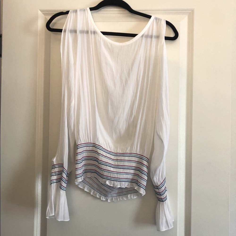 Ramy Brook White Blouse with Multicolor Striped Hem and Cuffs